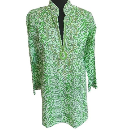Barbara Gerwit Womens Tunic Blouse Embellished Beads Long Sleeve Green Medium - Picture 13 of 13